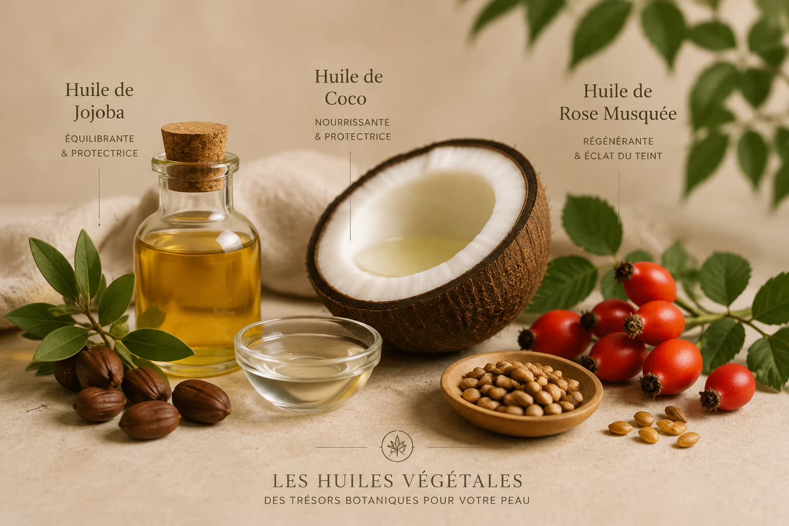 Huiles végétales jojoba coco et rose musquée