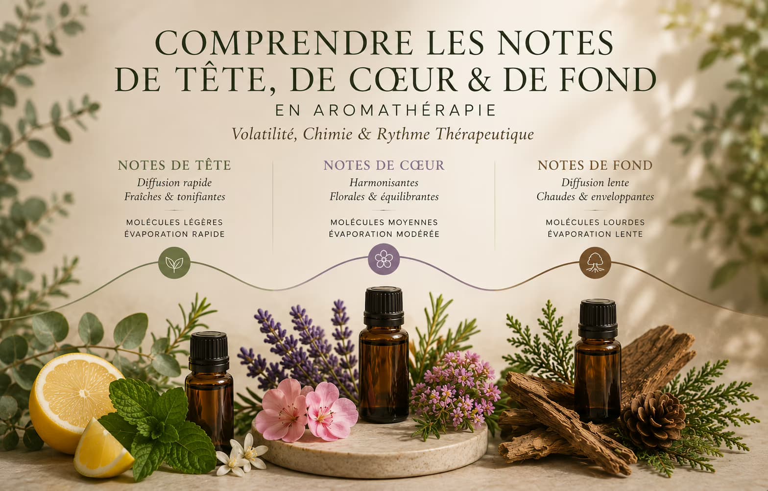 Composition botanique représentant les notes de tête, cœur et fond