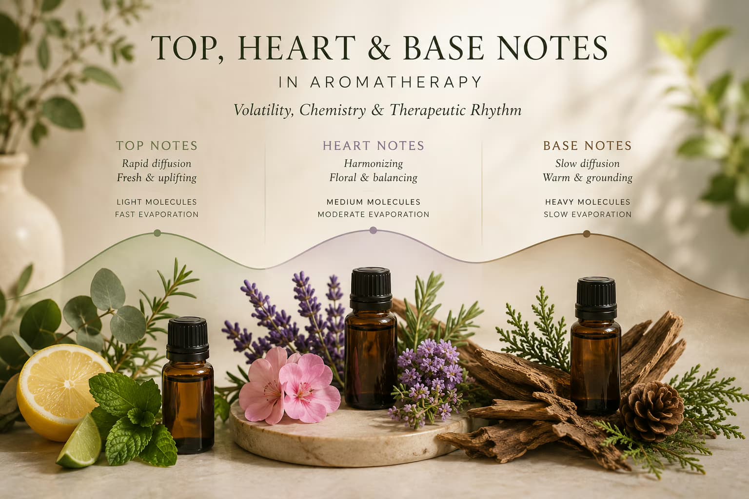 Botanical composition illustrating top, heart and base notes